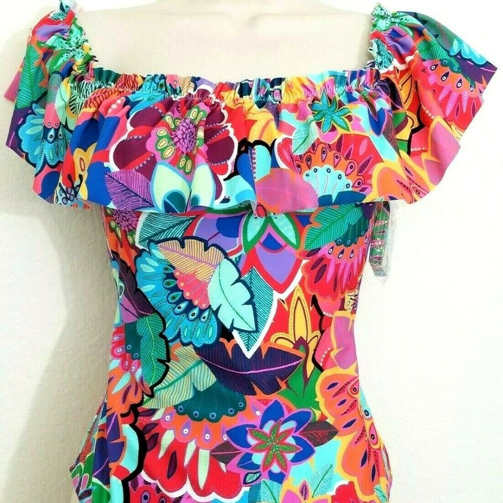 BLEU ROD BEATTIE OFF THE SHOULDERS 1PC SWIMSUIT RUFFLE BANDEAU SZ 10,12,14 NWT!